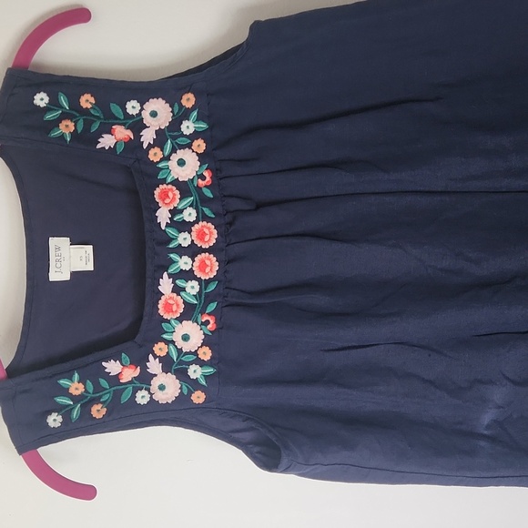 J Crew Navy Blue LINEN Blend Tank Shift Dress Floral Embroidered Womens XS - Picture 3 of 9